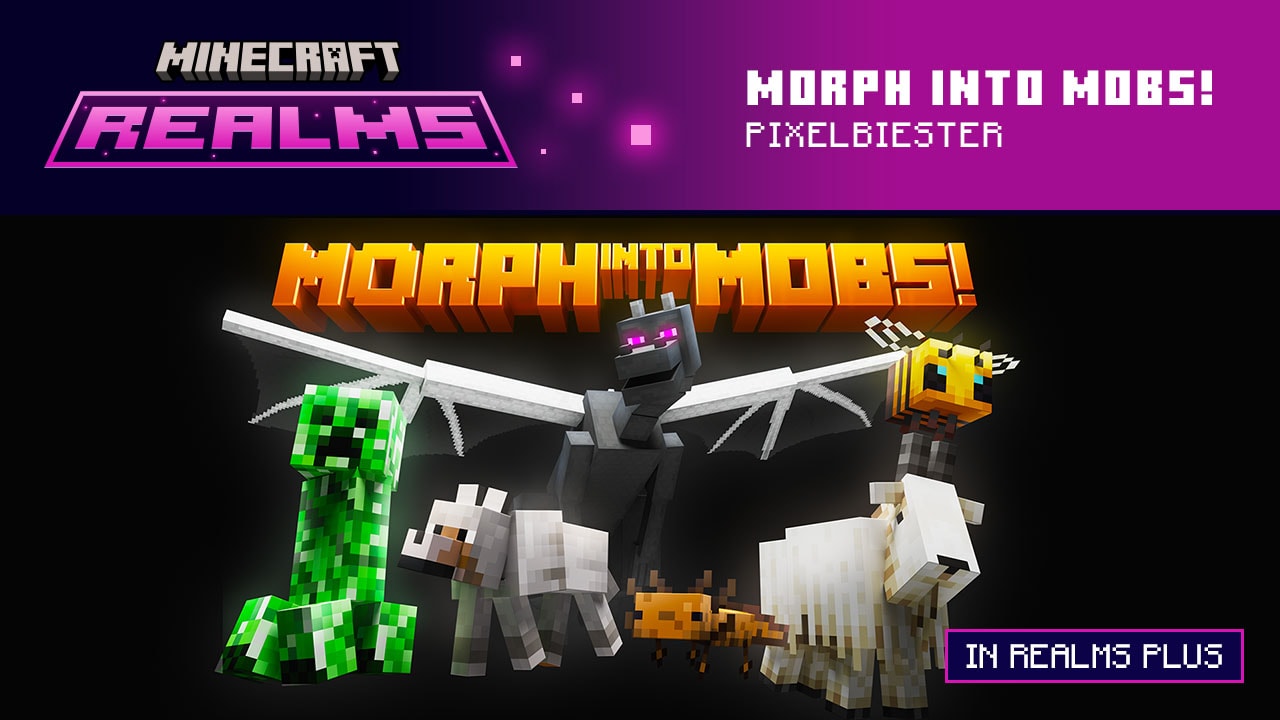 Artwork featuring a creeper, a wolf, an Ender dragon, an axolotl, a goat, and a bee.