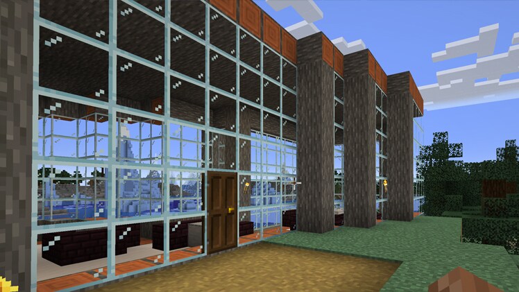 The entrance to restaurant in Minecraft viewed from a distance.