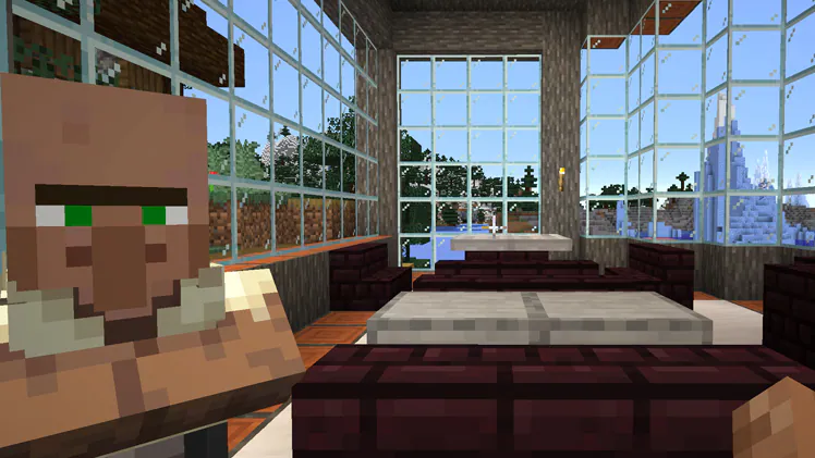 A villager inside a glass house in Minecraft.