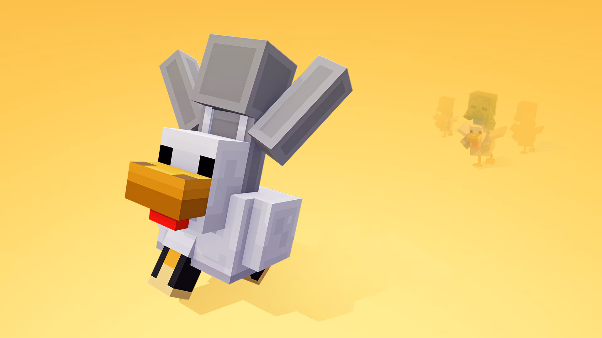 Minecraft chicken running forward wearing gray armor pieces with faint chicken jockeys chasing in the background