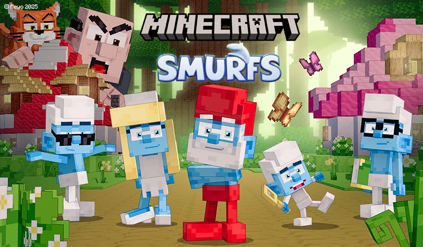 Several smurfs on a path way, with gargamel in the background