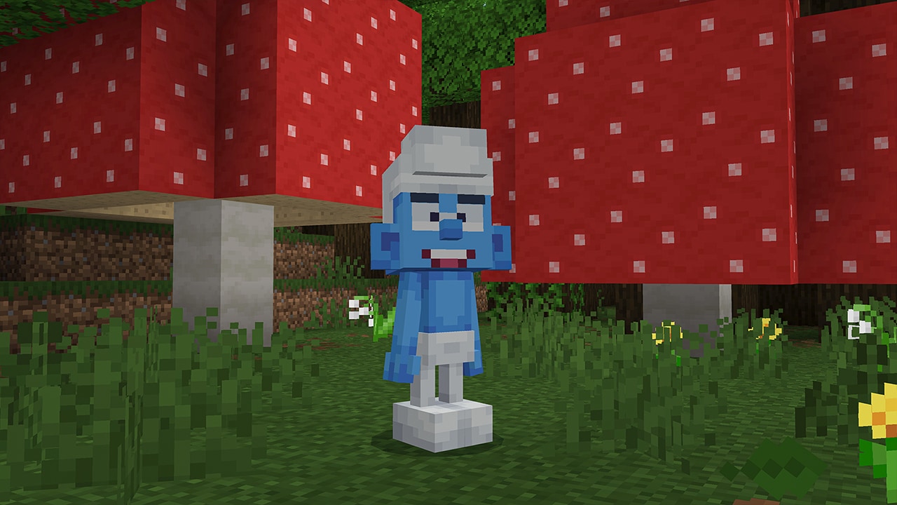 A smurf in front of two mushrooms