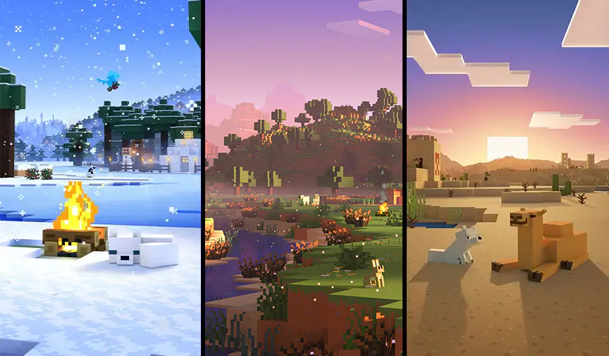 Three split screens featuring a snowy fox next to a fireplace in a snowy biome, meeting an axolotl in a lush cave, and next to a lounging camel in the desert. 