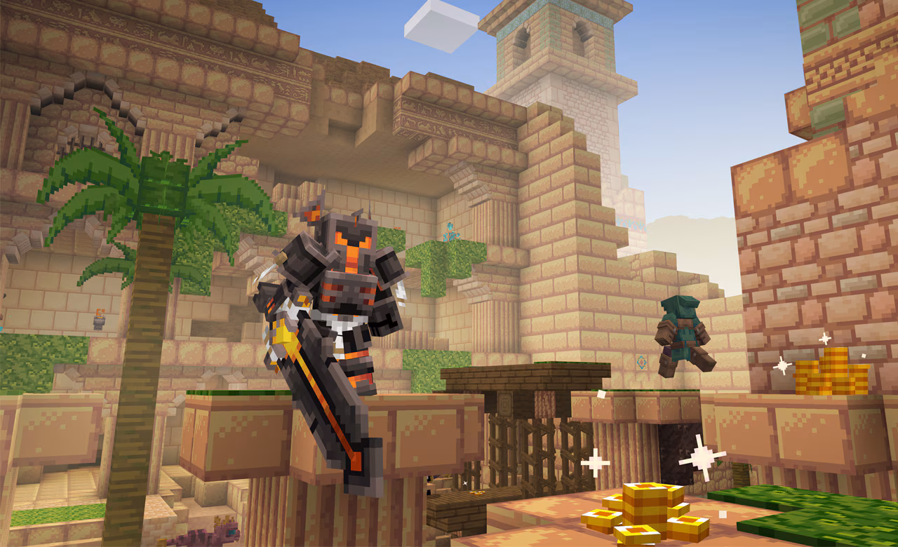 A black knight standing on a pillar while holding a sword. A type of castle or fort can be seen in the background.