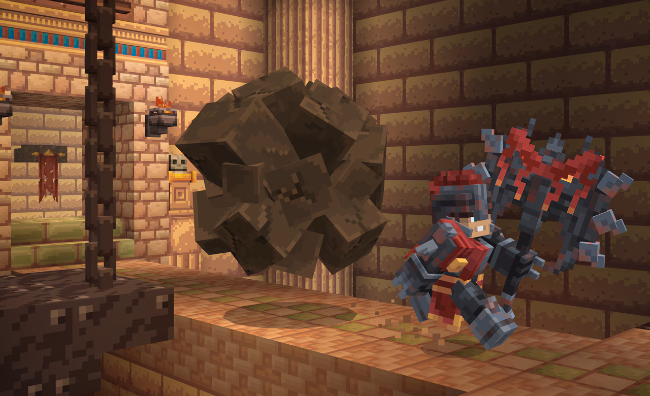 A warrior holding a big axe, running away from a large boulder.