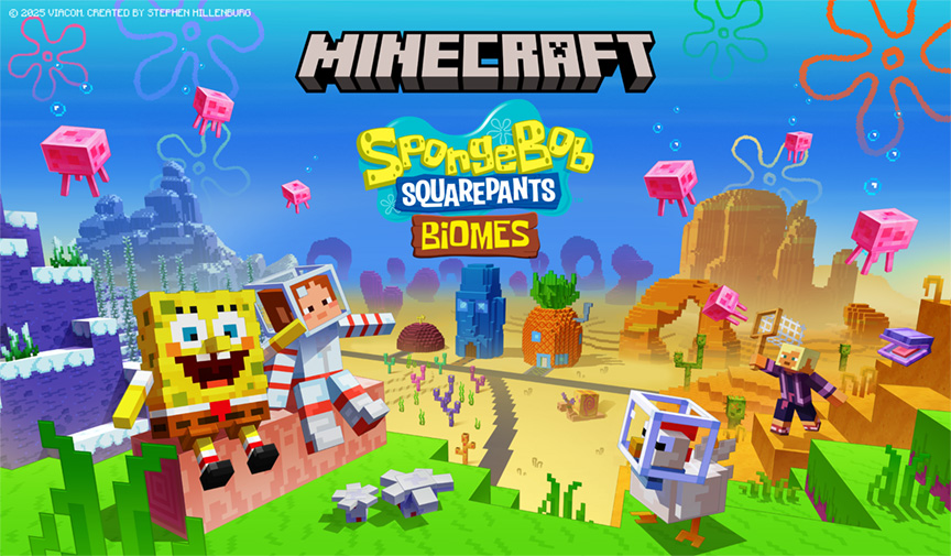 Minecraft SpongeBob SquarePants Biomes poster showing SpongeBob, Sandy, Patrick, and players exploring Bikini Bottom with jellyfish floating overhead