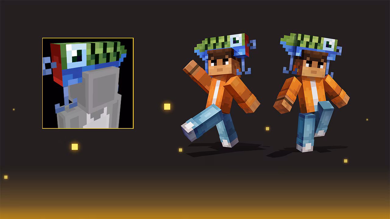 Minecraft cosmetic item display featuring a player wearing a colorful fish-shaped hat with large eyes and fins on the sides