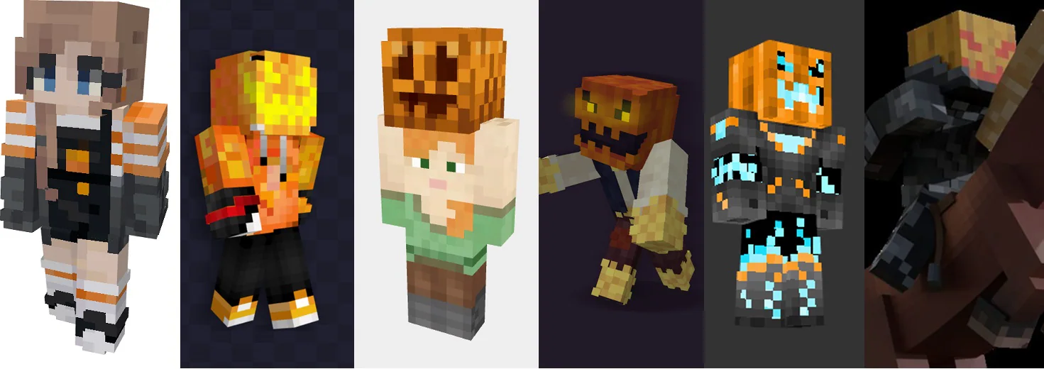 Collage of six Minecraft skins that are Halloween themed with a focus on pumpkins and jack-o-lanterns