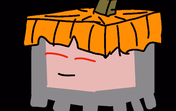 A smiling ghost known as a Ghast with the top of a pumpkin for a hat