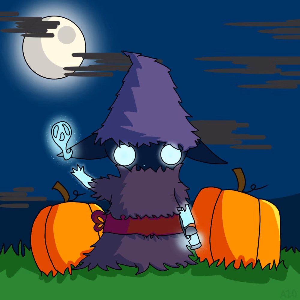 Hooded wizard with blue glowing eyes standing beneath a full moon with two pumpkins behind them, lantern in their left hand, and cute tiny blue soul flying from the right hand