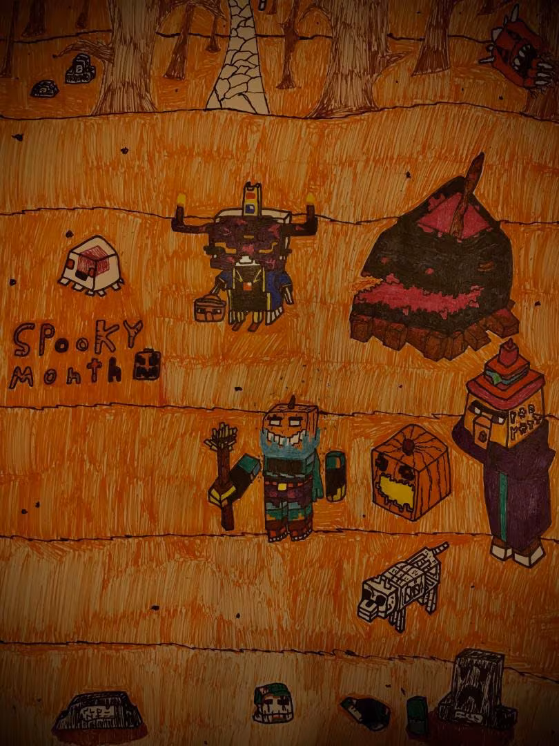 Hand drawn collection of various Minecraft Dungeons characters, such as a Ghast and Witch, with the words Spooky Month to the left. 