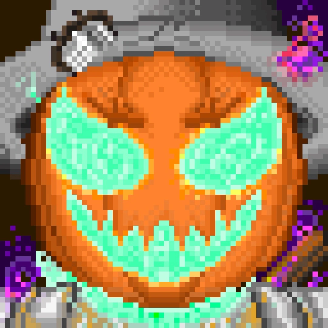 Closeup of a menacing jack-o-lantern with glowing blue eyes and mouth, wearing a witch hat, and glowing purple accents around. 
