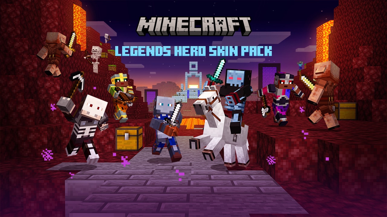 An image featuring the five characters included in the skin pack: four original Legends heroes and the Bony Brawler, fighting a variety of enemies in Minecraft: Bedrock Edition. A build of the Well of Fate can be seen in the background.