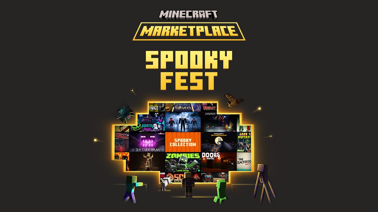 Splash art of the Minecraft Marketplace Spooky collection, featuring a mix of creepy DLCs 