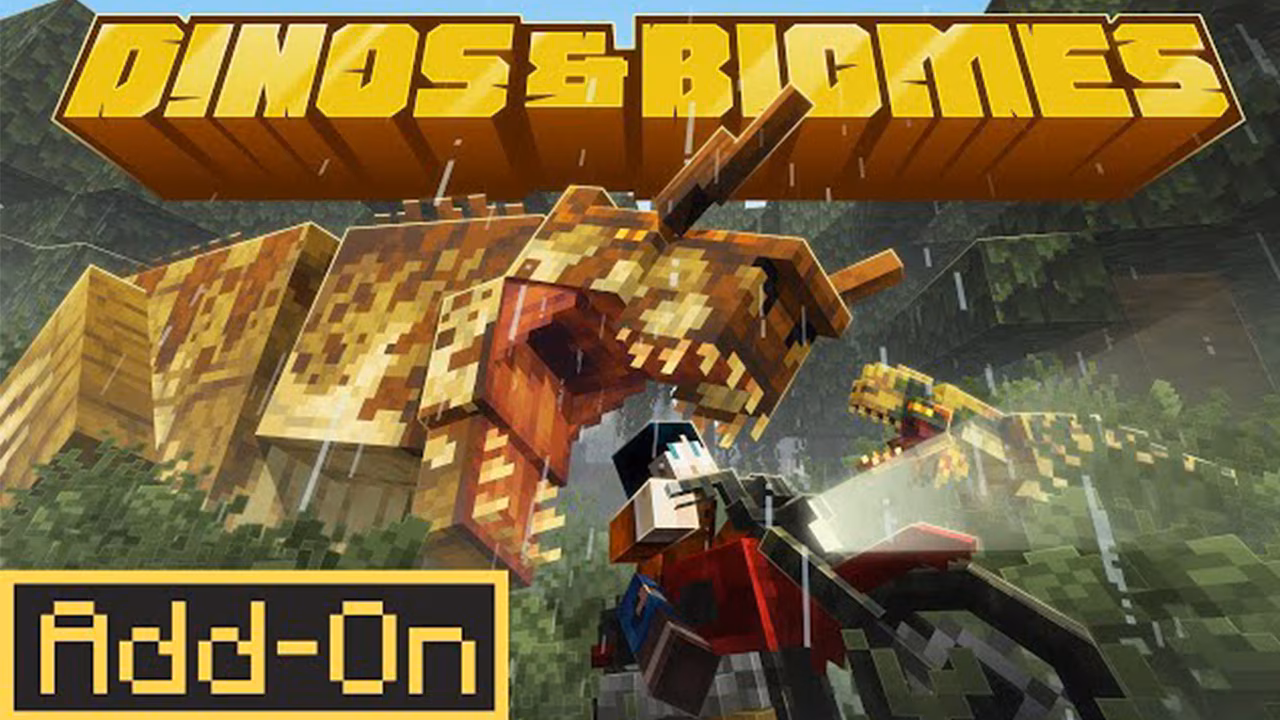 A Minecraft Marketplace banner for Dino Biomes Add‑On shows a player confronting a massive dinosaur in a rainy jungle environment beneath bold Dino Biomes title text