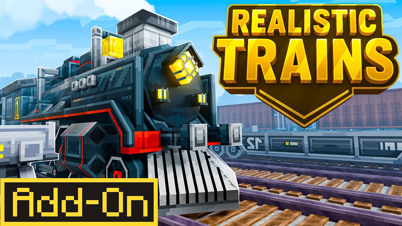 A detailed black steam locomotive sits on railway tracks in a city setting beneath bold Realistic Trains Add‑On title text