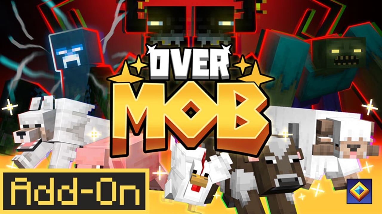 A Minecraft Marketplace banner for Over Mob Add‑On shows powered‑up hostile mobs and animals surrounding the bold Over Mob title against a dramatic red and black background