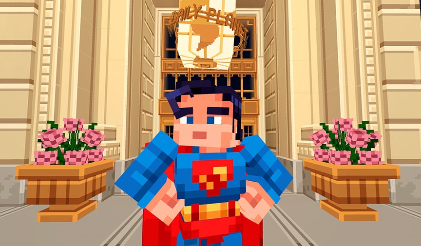 Superman standing in front of the entrance to the Daily Planet