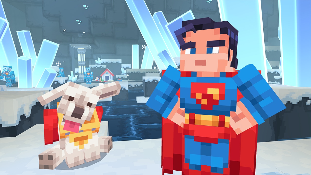 Superman inside an ice cave next to his dog