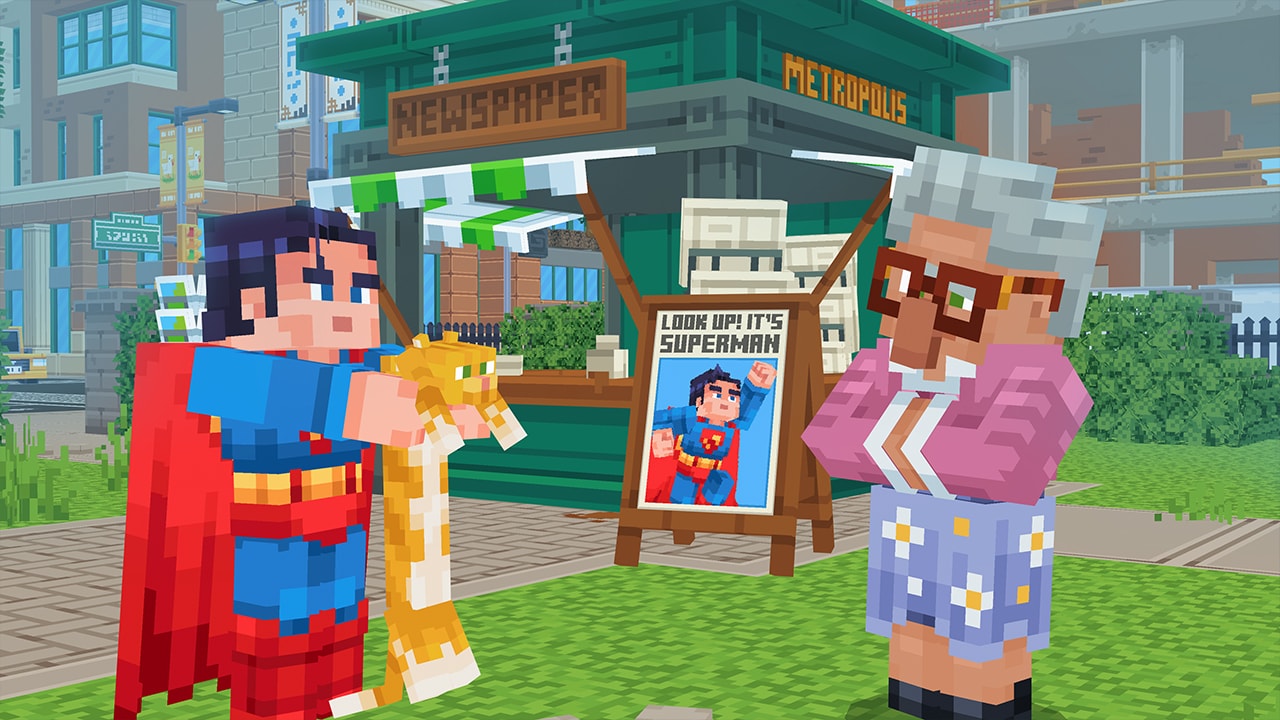 Superman handing a cat to an old lady