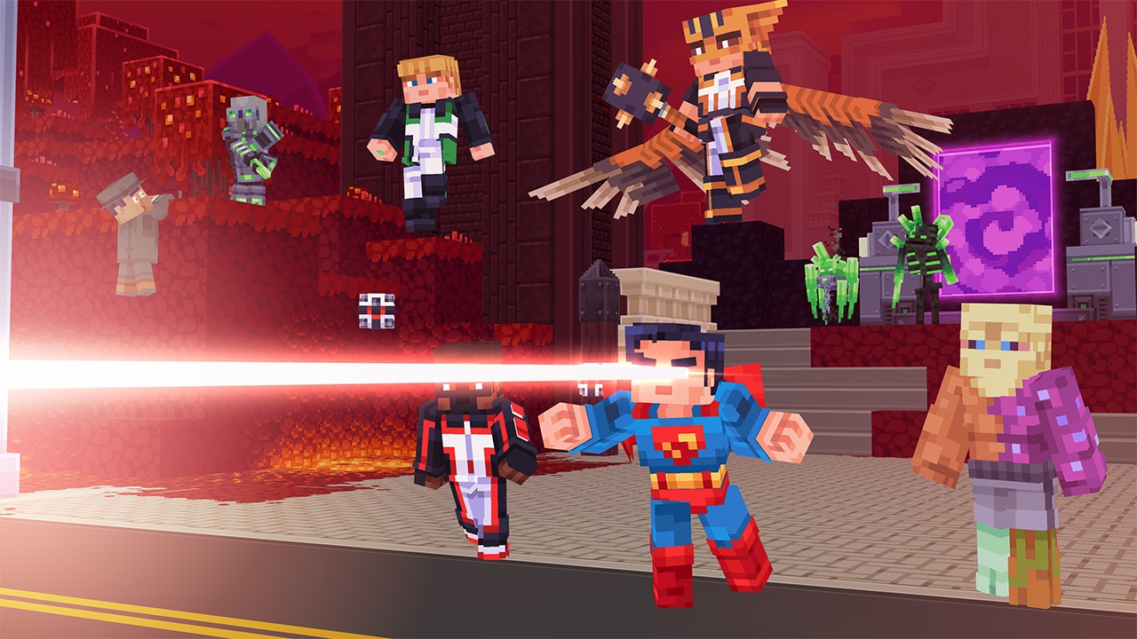 Superman together with lots of other heroes fighting