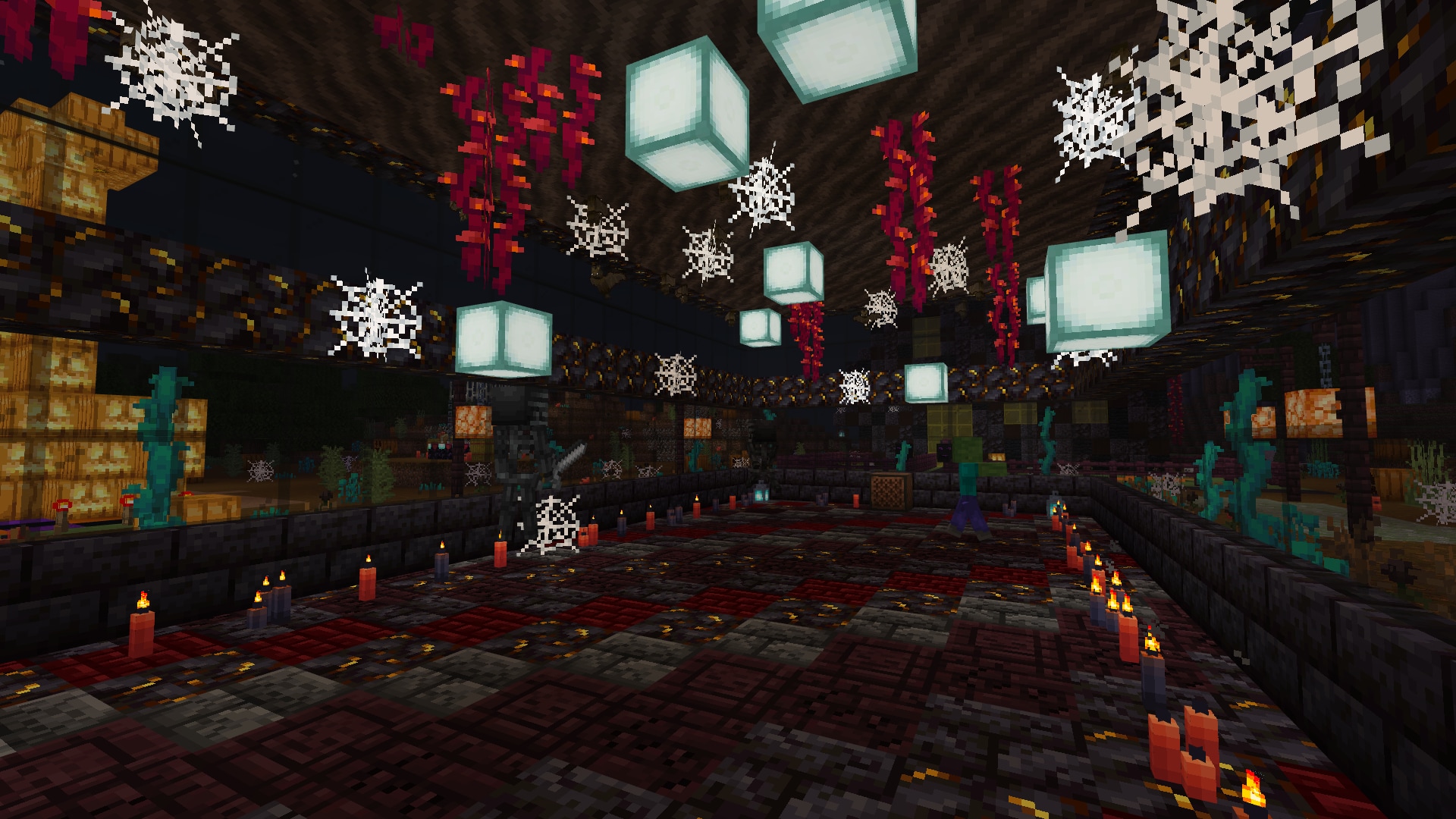 A dark, spooky room in Minecraft covered in cobwebs