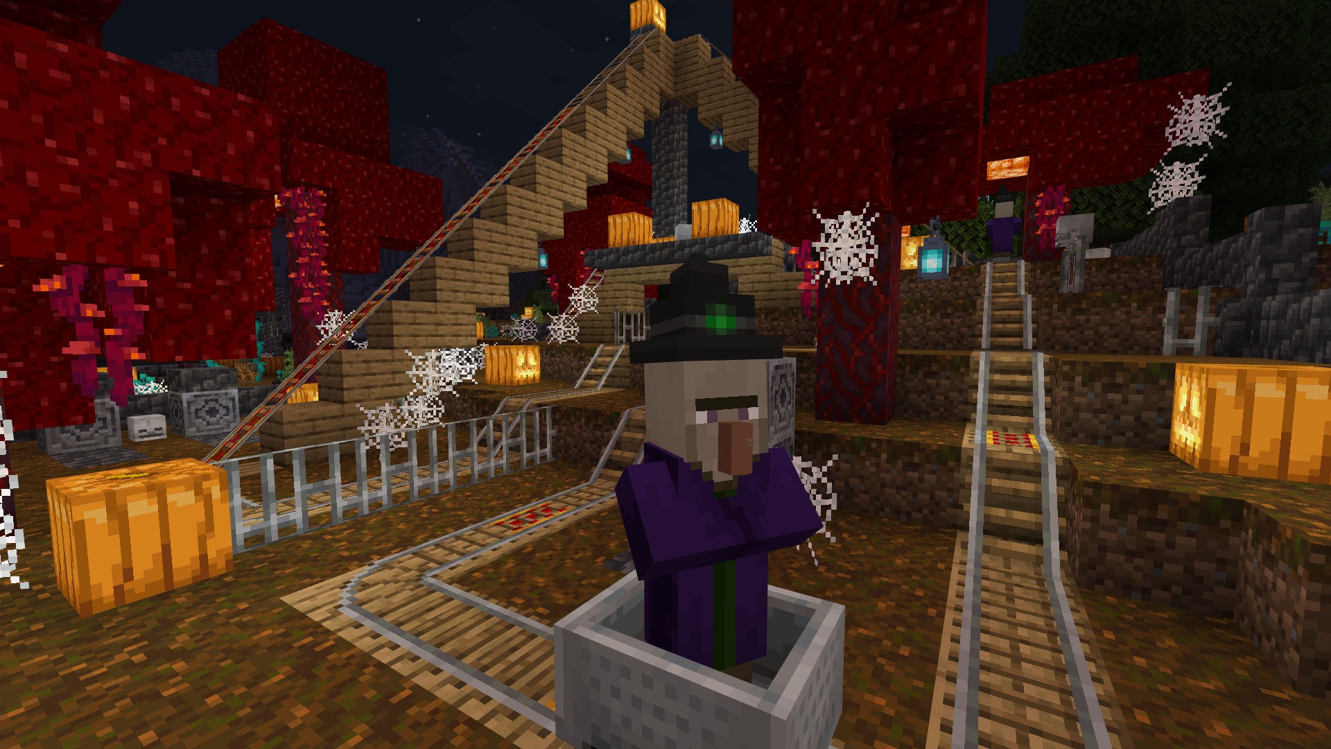 A villager riding in a minecart on a spooky roller coaster