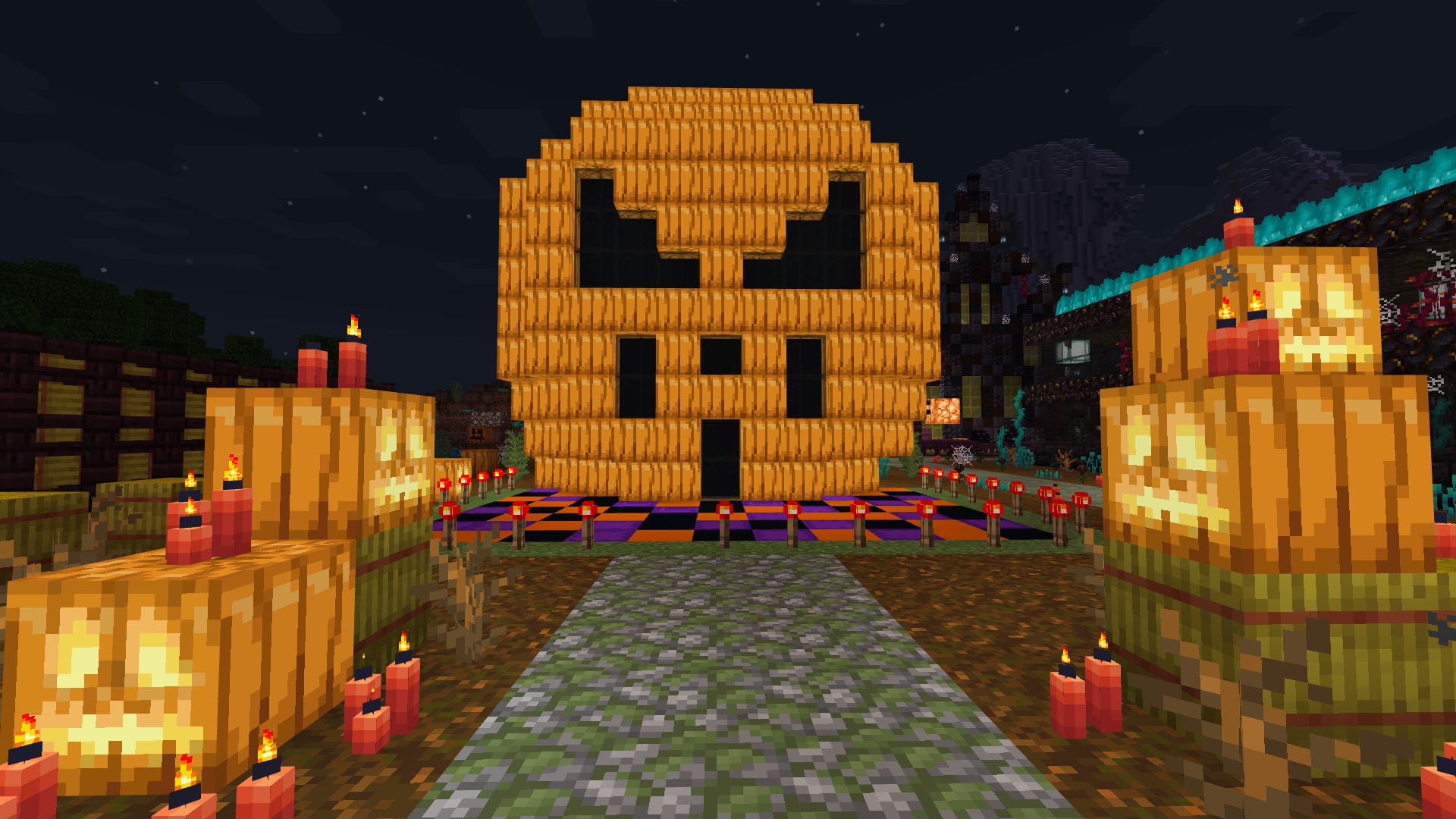 A pumpkin shaped house in Minecraft