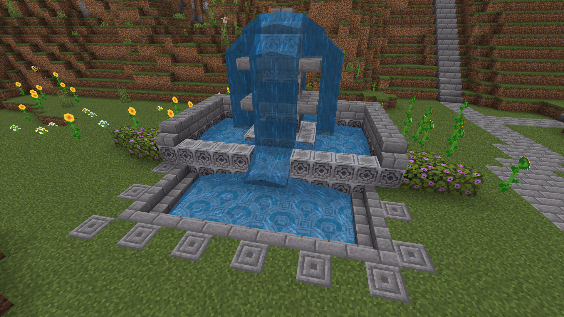 Image created in Minecraft of a large park style water fountain 