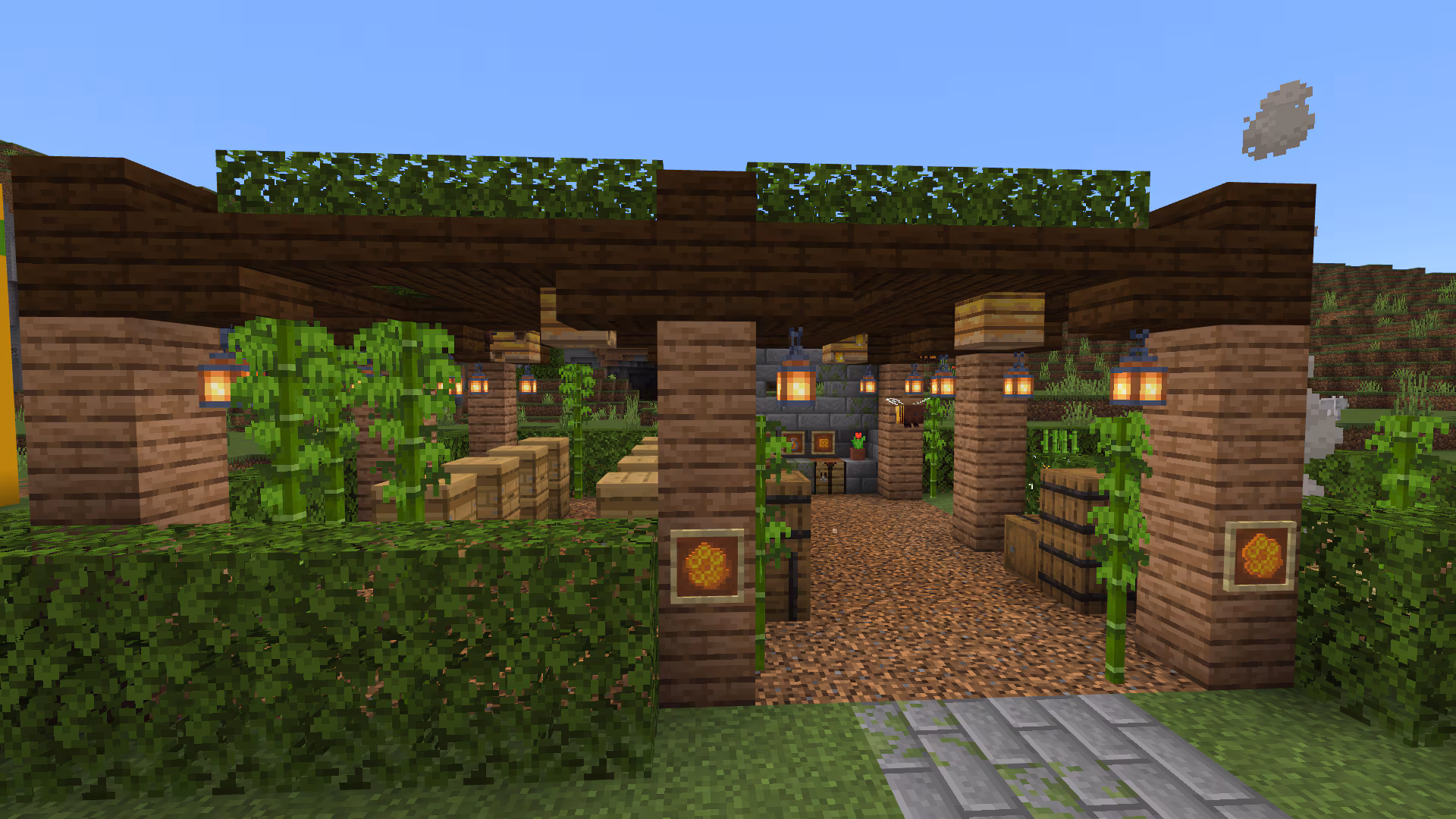 Image created in Minecraft of a makeshift apiary with multiple beehives and hanging plants