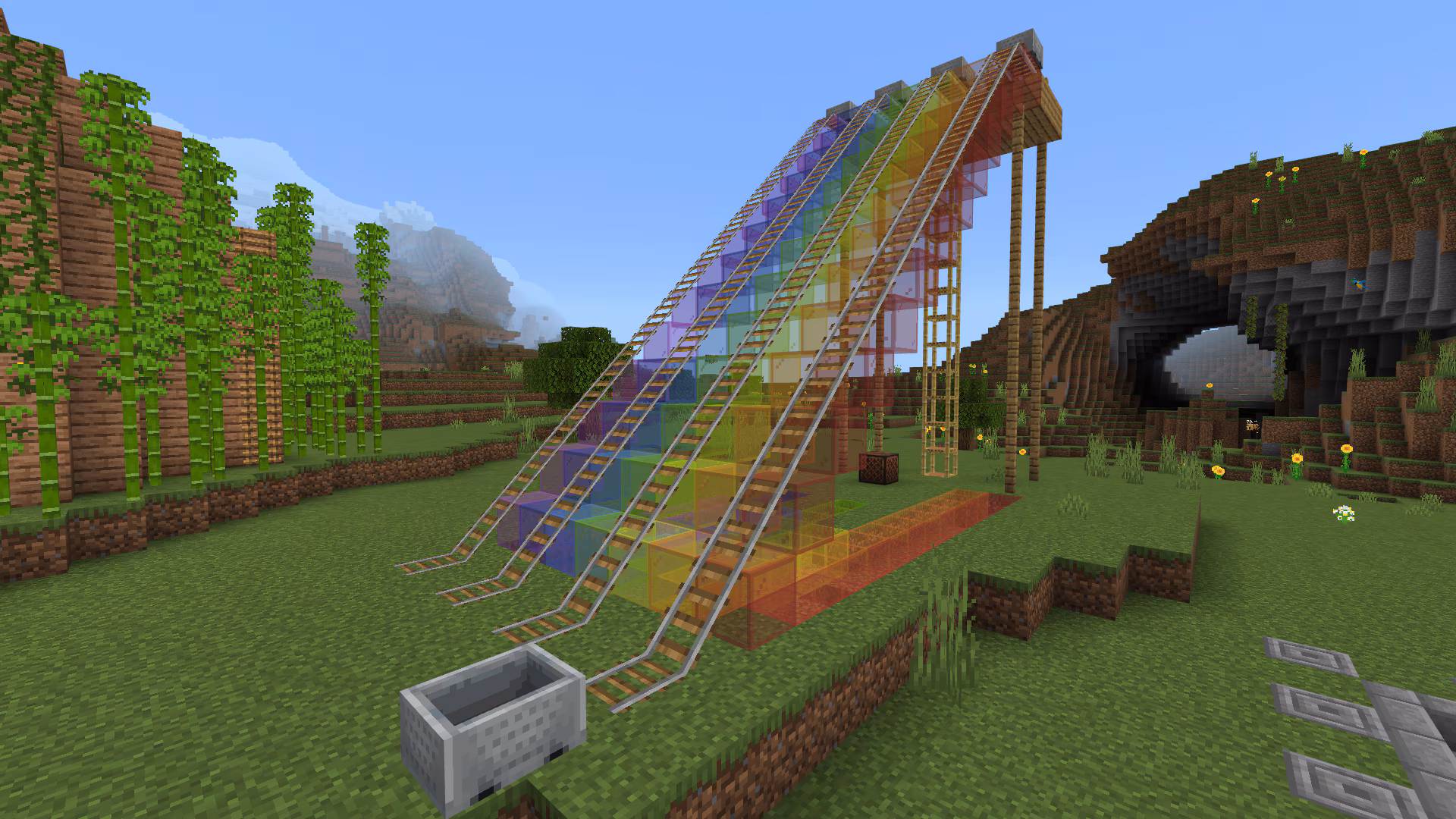 Image created in Minecraft of a large rainbow slide