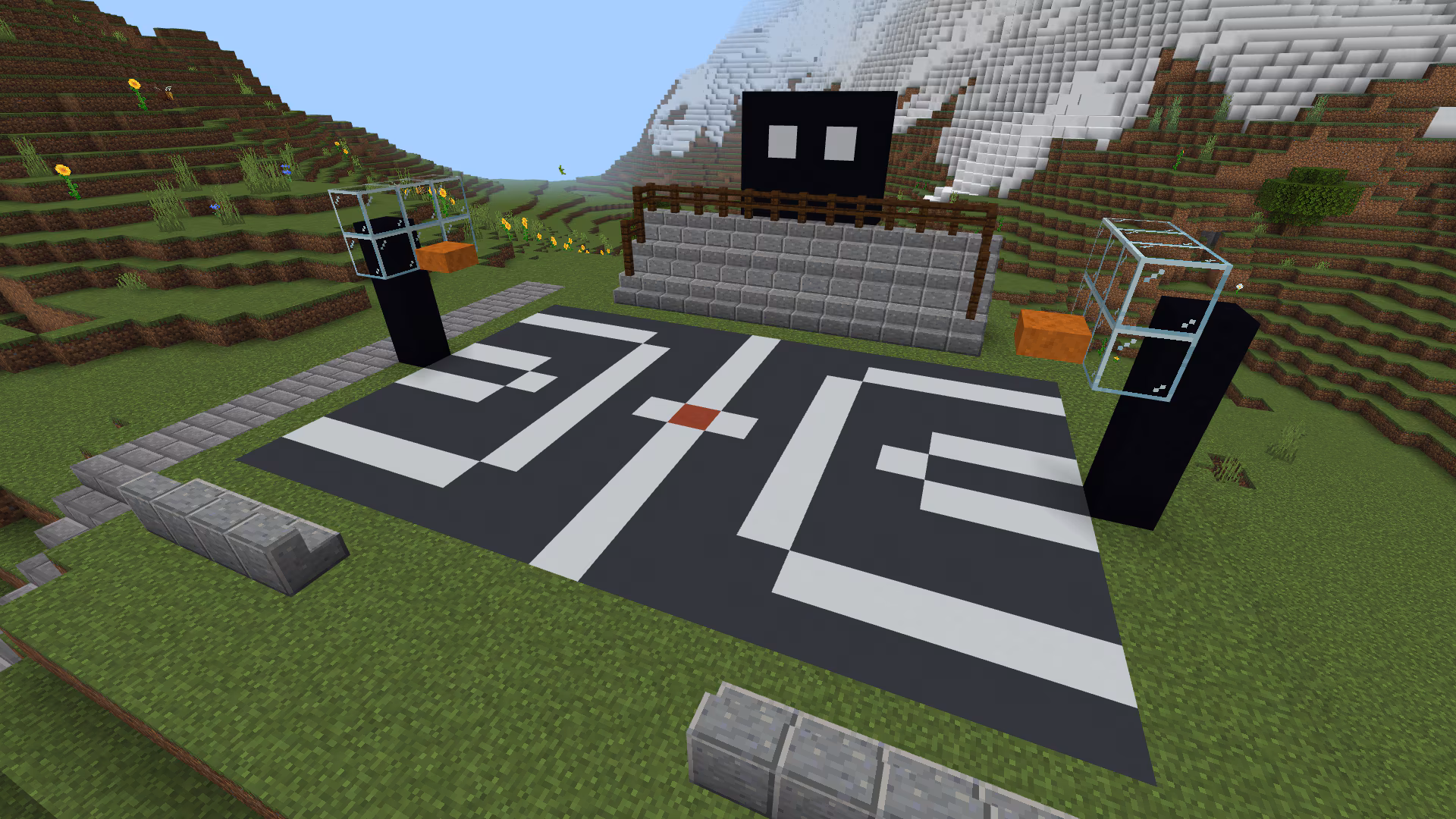 Image created in Minecraft of a large black and white basketball court
