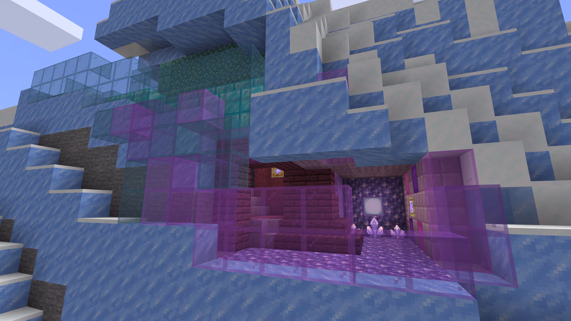 Winter house with purple stained glass