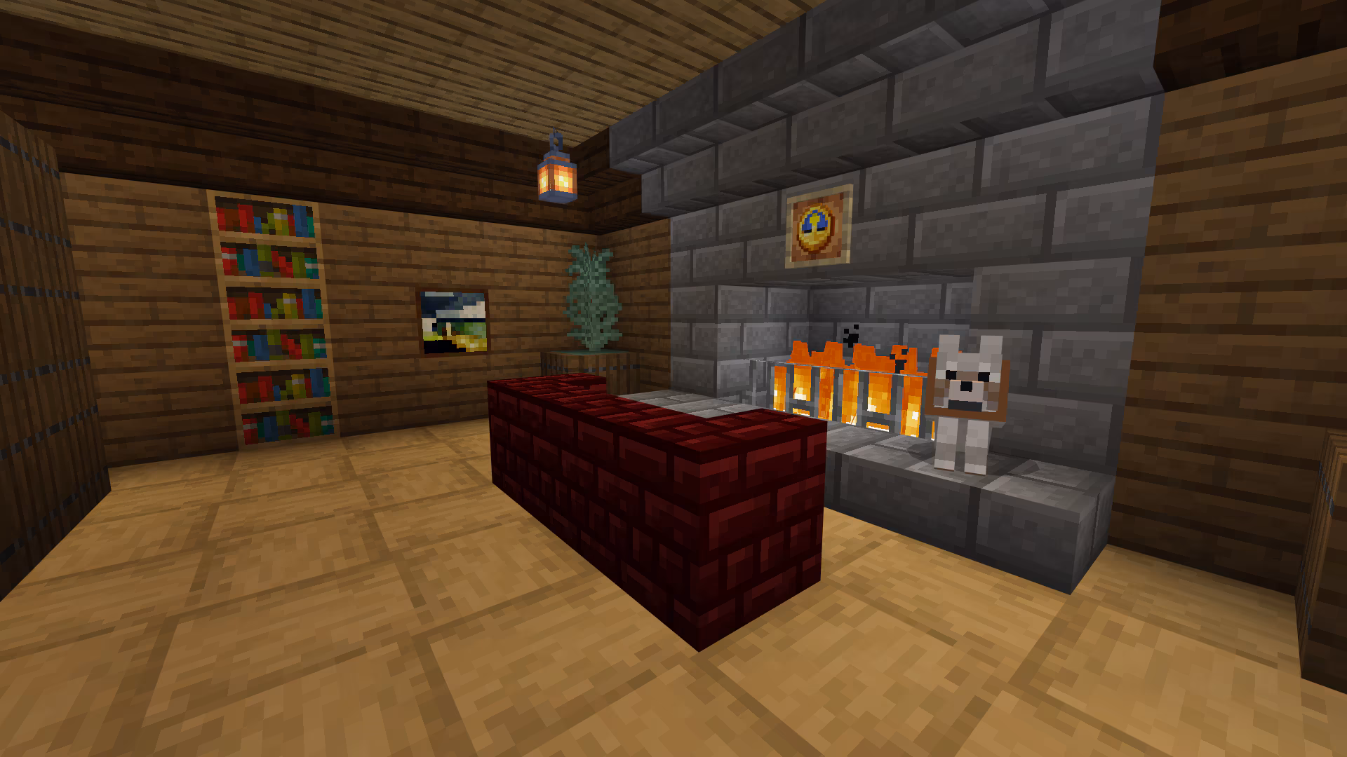 Cozy Minecraft house interior with fireplace and dog