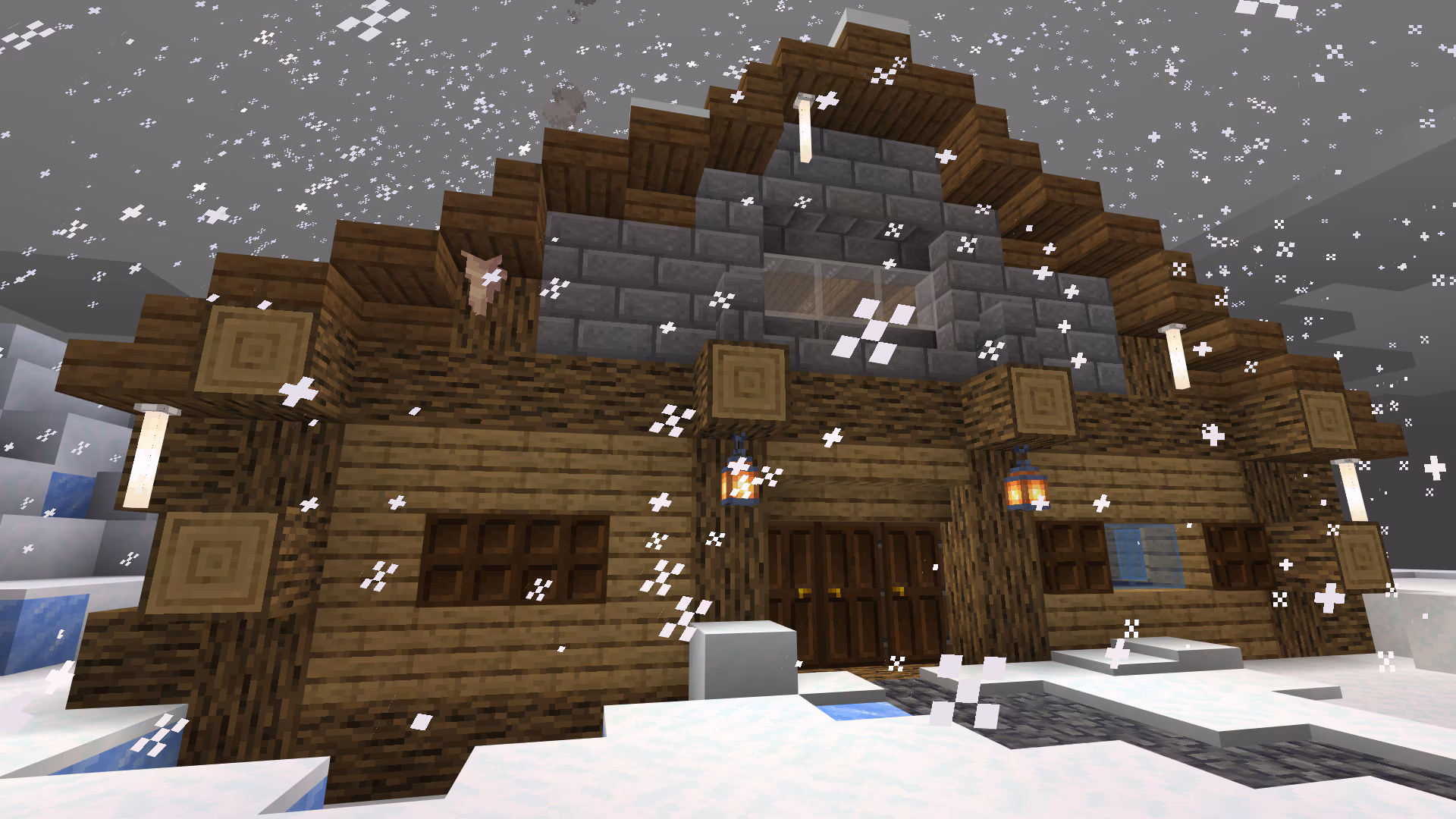Snowy ski lodge exterior in Minecraft