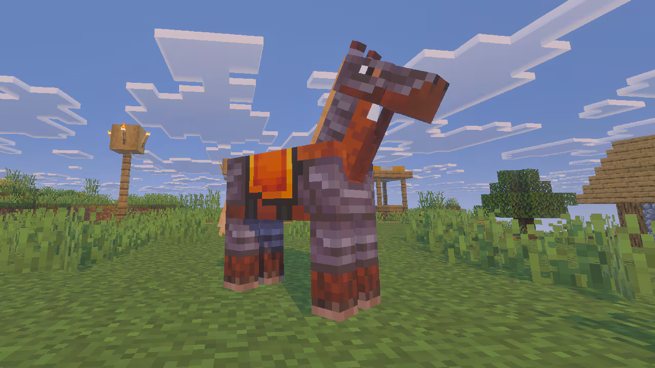 A horse in Minecraft wearing Netherite horse armor