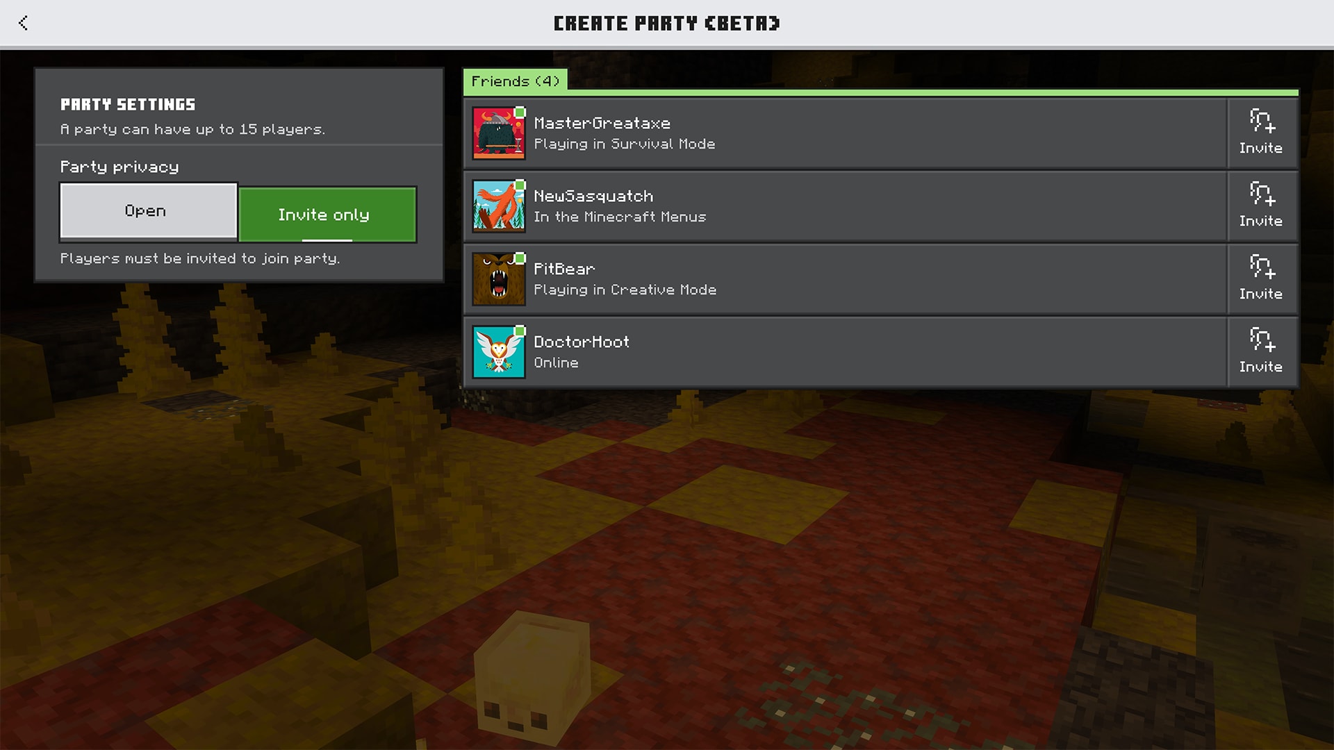 This is a screenshot that shows the Bedrock Parties UI - it's available now in beta for Xbox, PlayStation, and Windows PC!