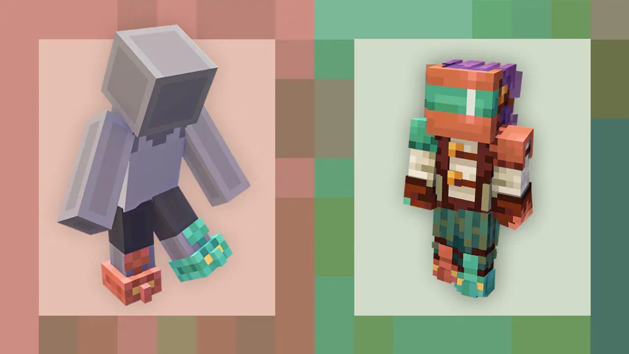 Two Minecraft-style characters: one gray figure with colorful boots on the left, and a vibrant armored character with teal, orange, and purple accents on the right