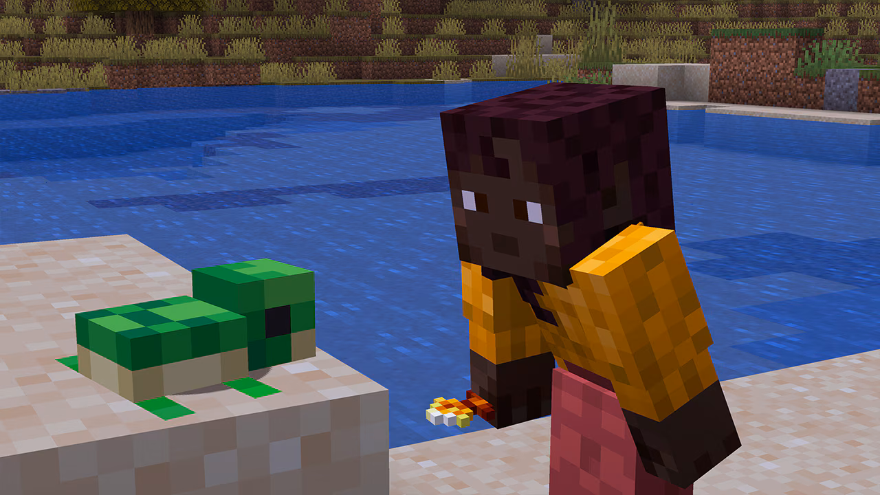 This screenshot shows a player holding a golden dandelion - and features the newly redesigned baby turtle!