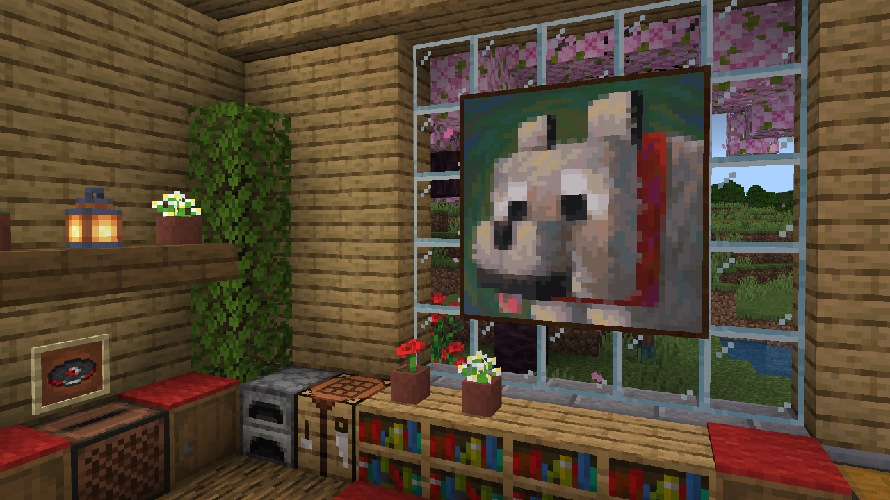 A screenshot of an in-game painting of Dennis, the wolf character from A Minecraft Movie.