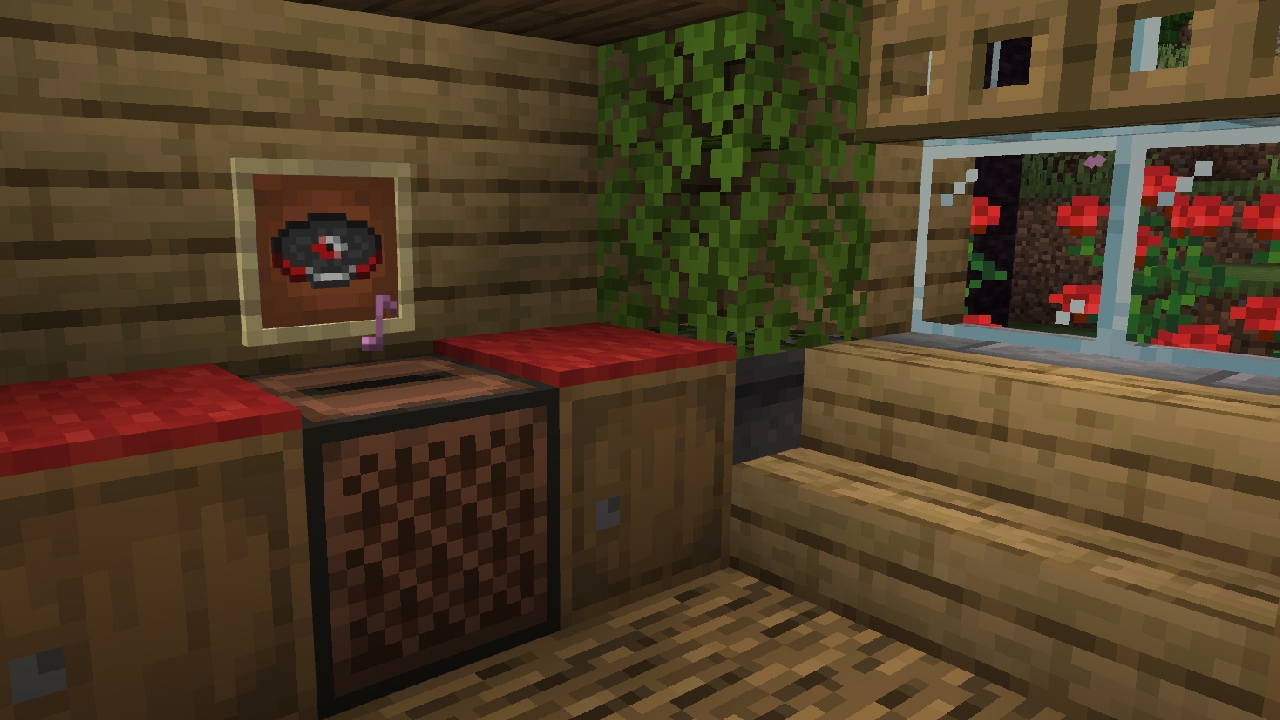 A screenshot of a framed Lava Chicken music disc, hung above a jukebox that's playing the song.