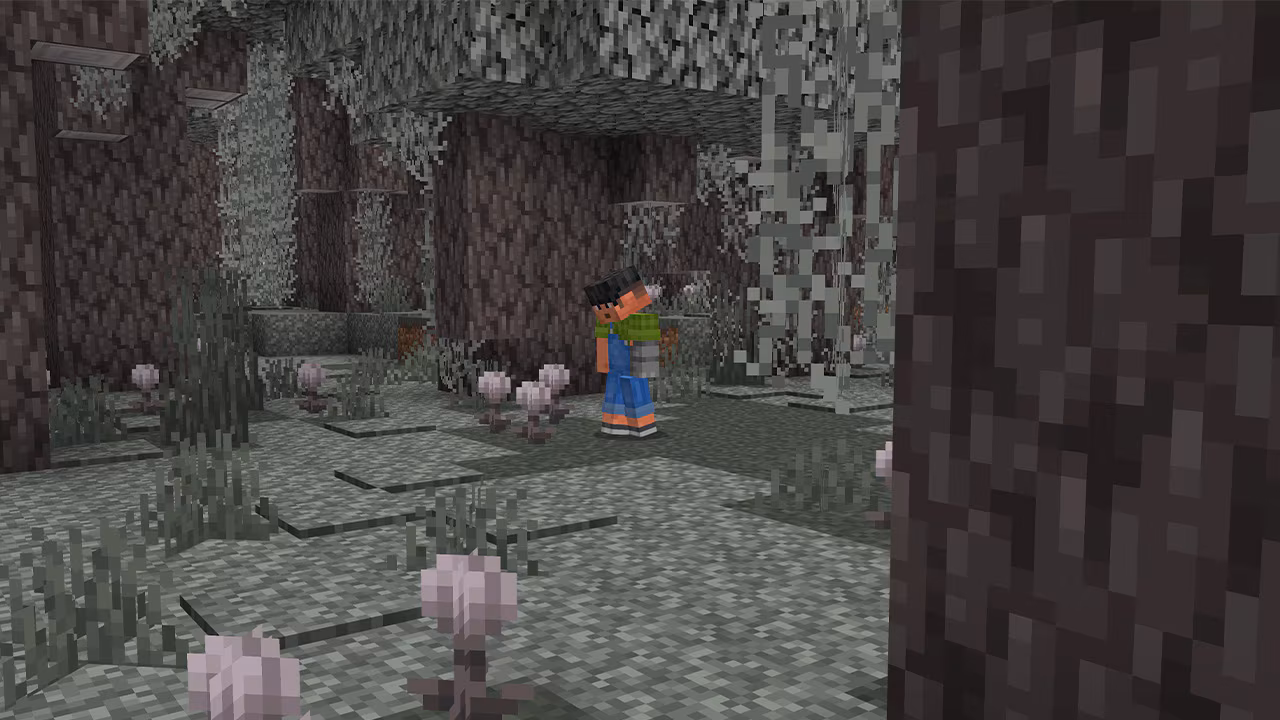 This screenshot shows the pale garden – and one of Minecraft's avatars staring at eyeblossom flowers - a bloom unique to the pale garden
