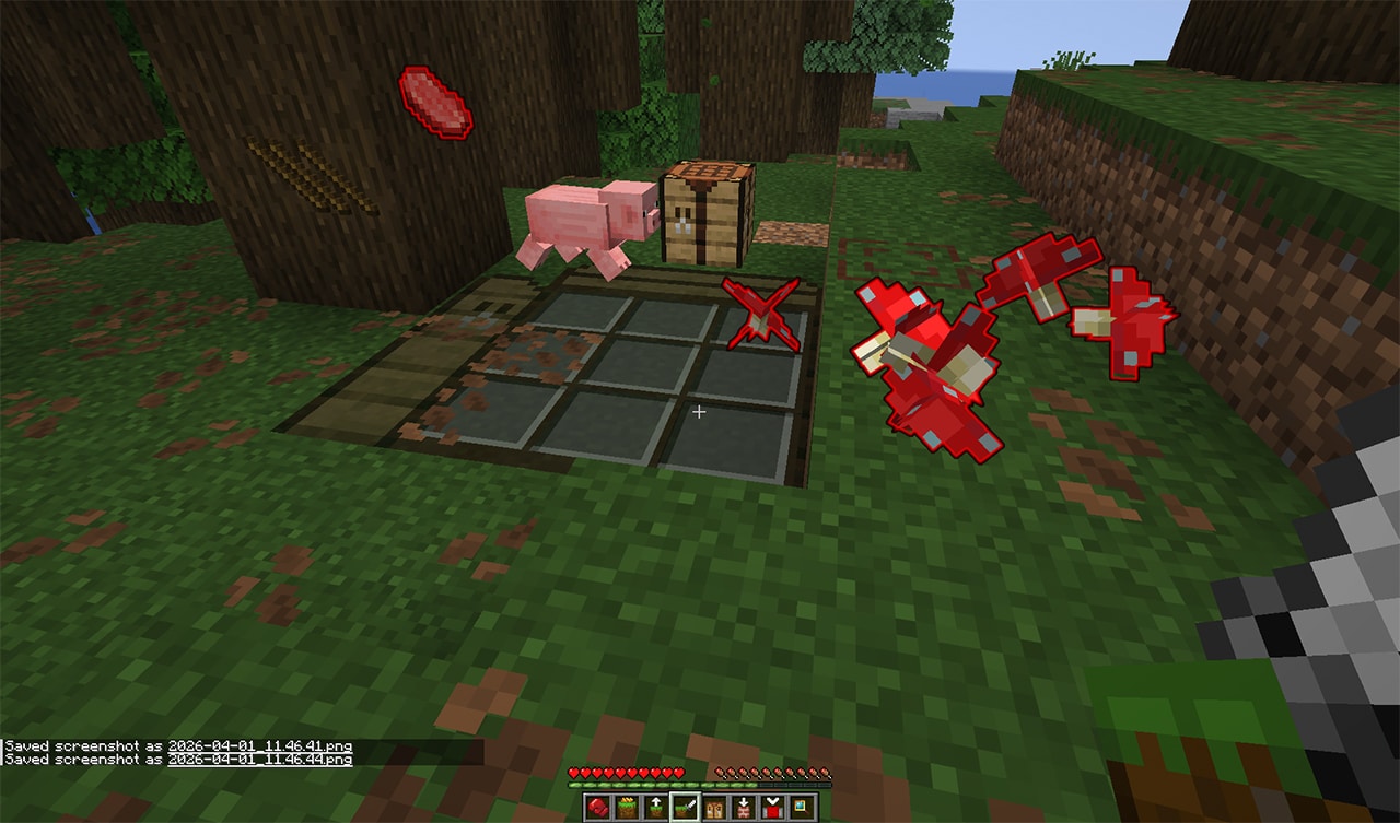 A crafting grid, some mushrooms, some sticks, a porkchop, and a pig