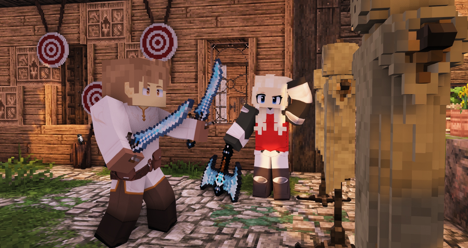 two minecraft avatars doing weapons practice