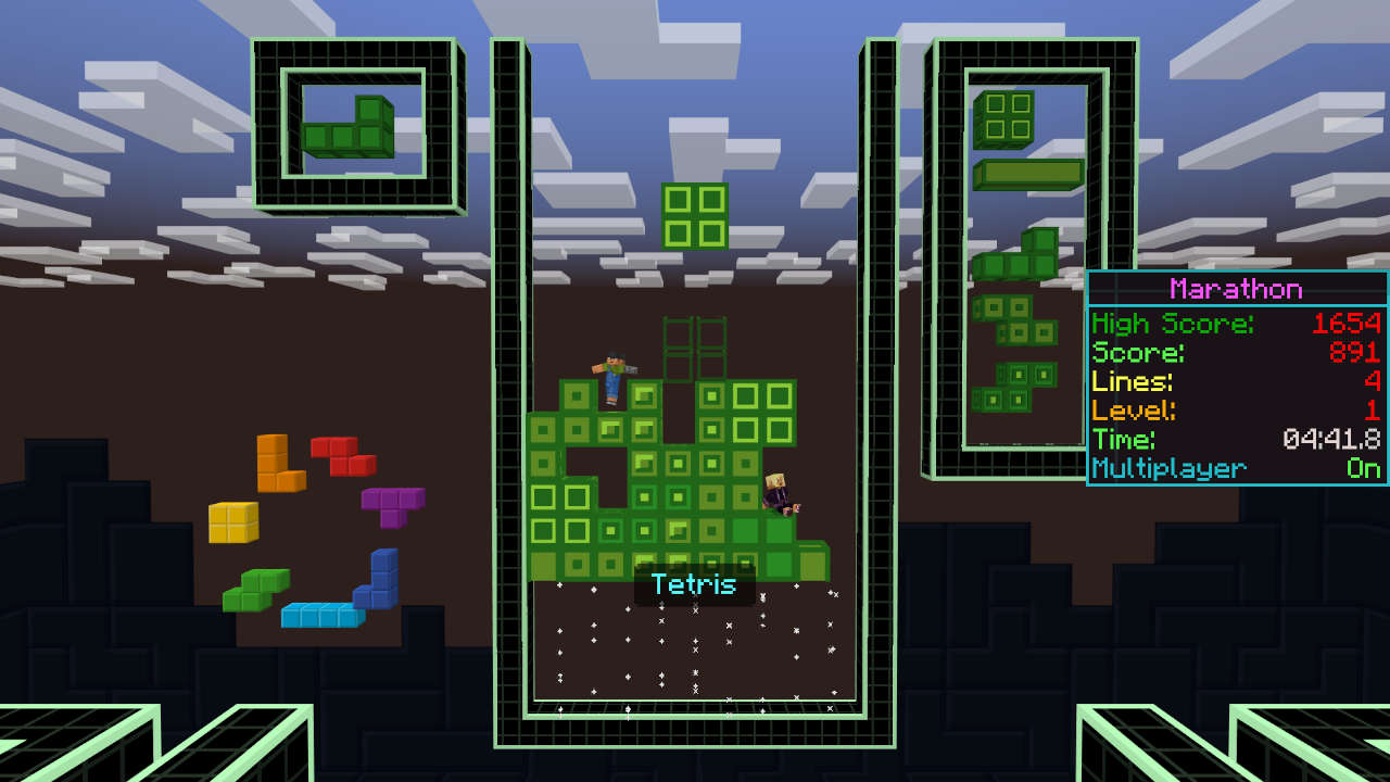 Classic 2D Tetris in Marathon mode with players inside the grid 