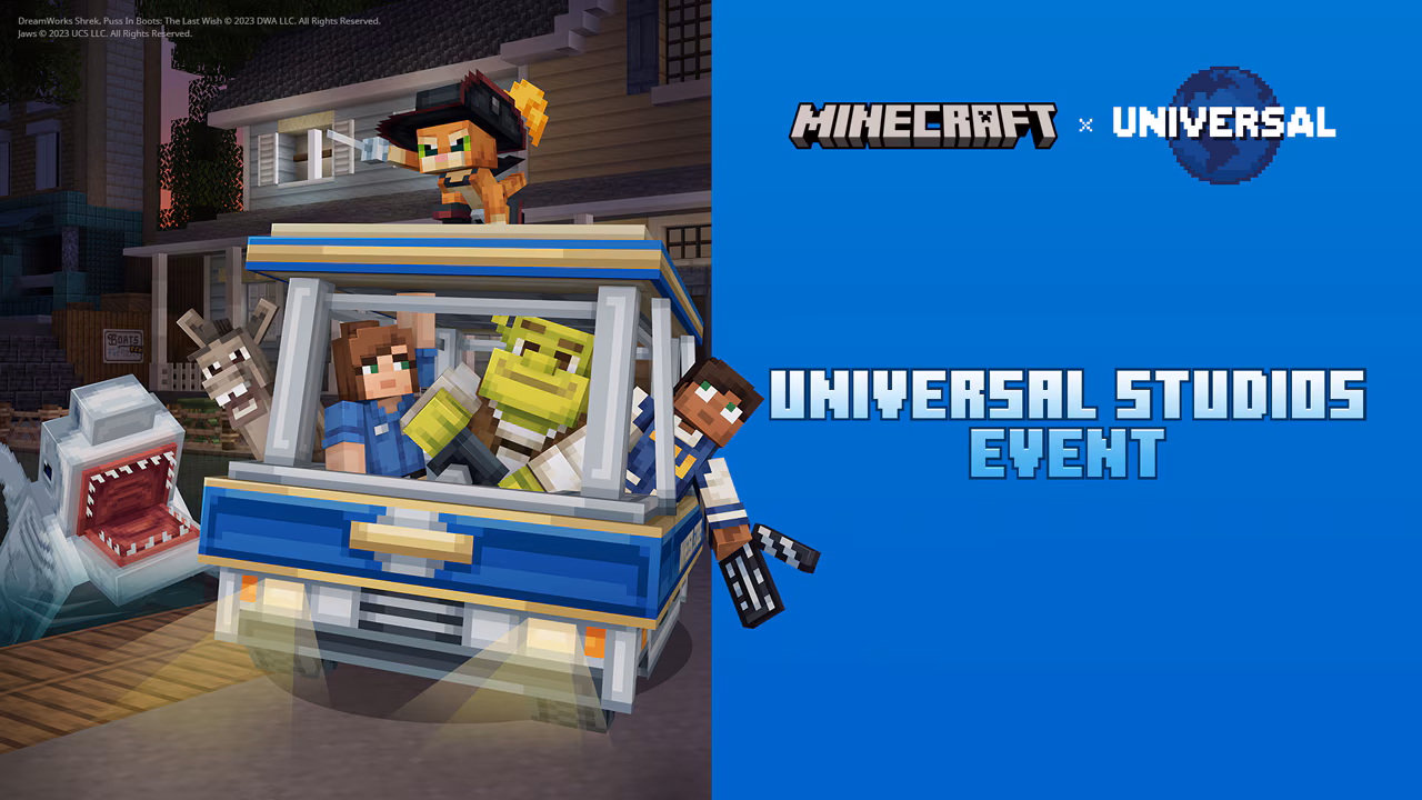 Shrek, Puss in Boots, Donkey, and players riding the Universal tram past the shark in Jaws!