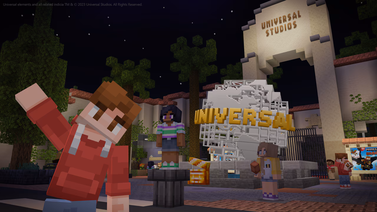 A player waving in front of the blocky Universal Studios Hollywood