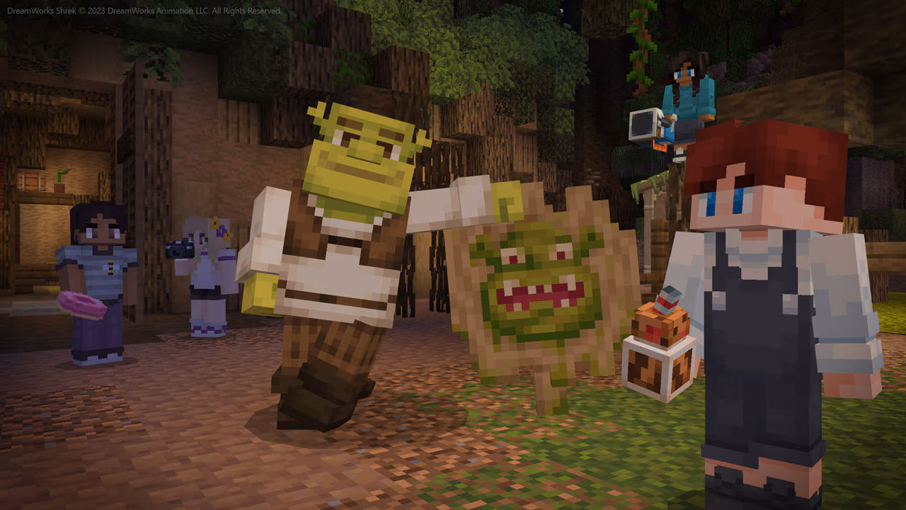 A blocky Shrek and lots of Minecraft players in Shrek's swamp