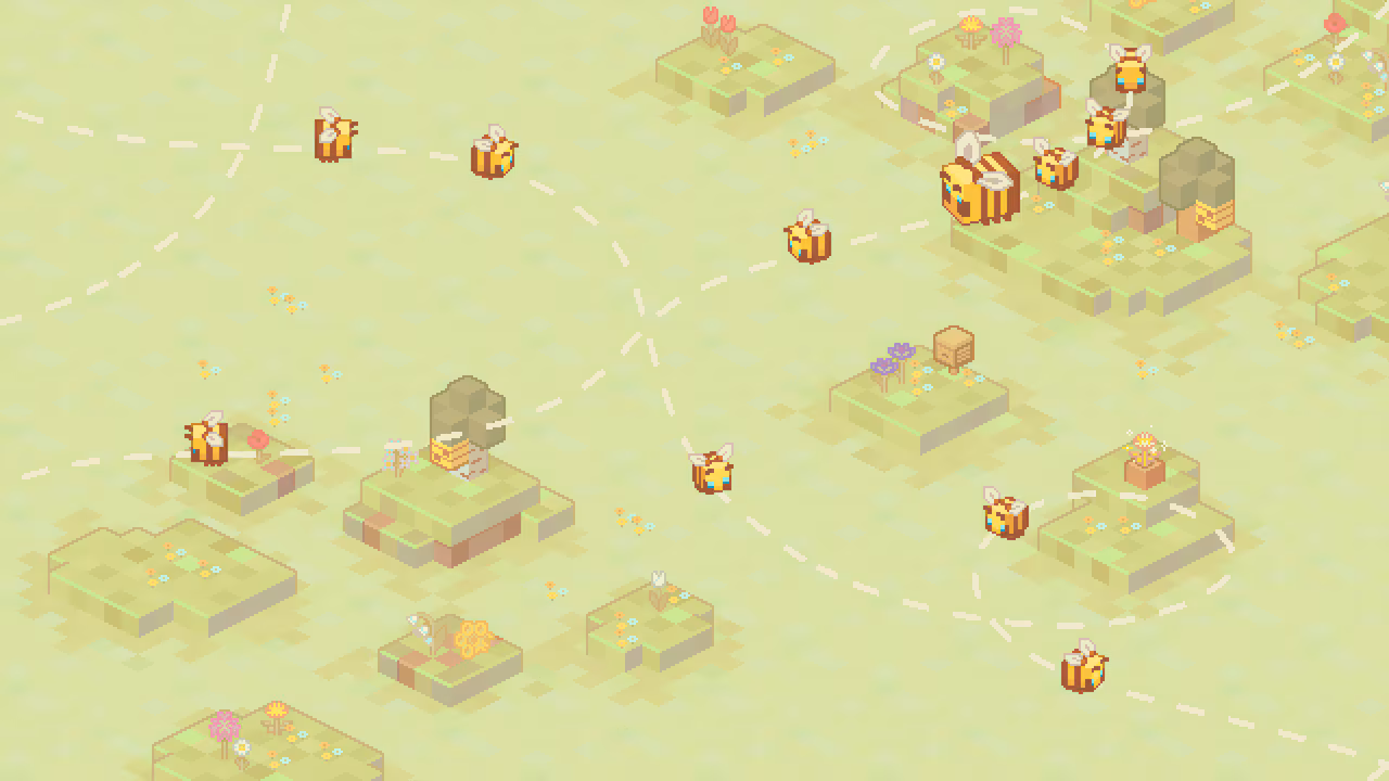 Several baby bees flying between small grassy land patches. Each island has grass, flowers, or blocks, linked by dotted white flight paths, creating a light, playful pattern across a pale green background.