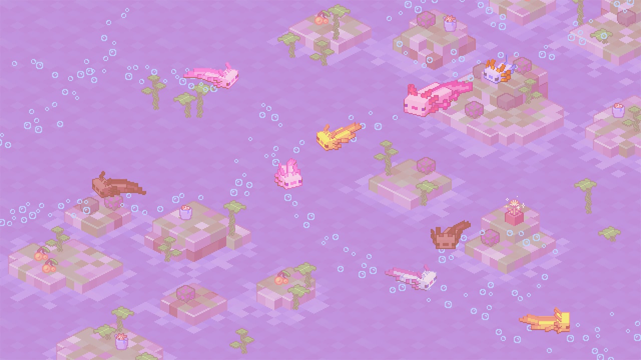 Several baby axolotls in pink, yellow, brown, and blue swimming between small floating islands with plants. Bubbles trail behind them, forming gentle paths across a soft purple water background.